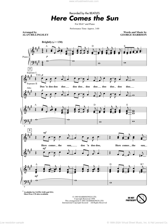 Here Comes The Sun (arr. Alan Billingsley) sheet music for choir (SSA: soprano, alto) by The Beatles, Alan Billingsley and George Harrison, intermediate skill level