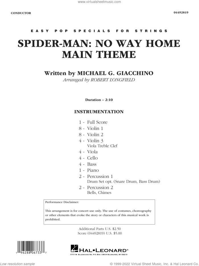 Spider-Man: No Way Home Main Theme (arr. Robert Longfield) (COMPLETE) sheet music for orchestra by Robert Longfield and Michael G. Giacchino, intermediate skill level