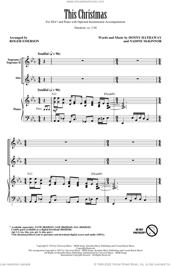 This Christmas (arr. Roger Emerson) sheet music for choir (SSA: soprano, alto) by Donny Hathaway, Roger Emerson and Nadine McKinnor, intermediate skill level
