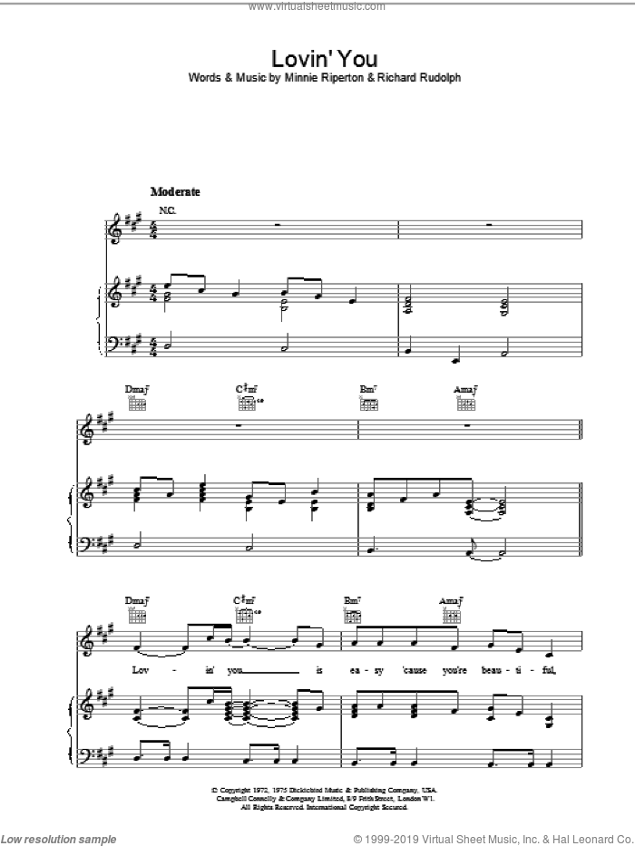Lovin' You sheet music for voice, piano or guitar by Minnie Riperton, intermediate skill level