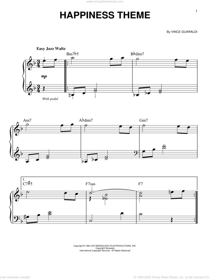 Happiness Theme, (easy) sheet music for piano solo by Vince Guaraldi, easy skill level