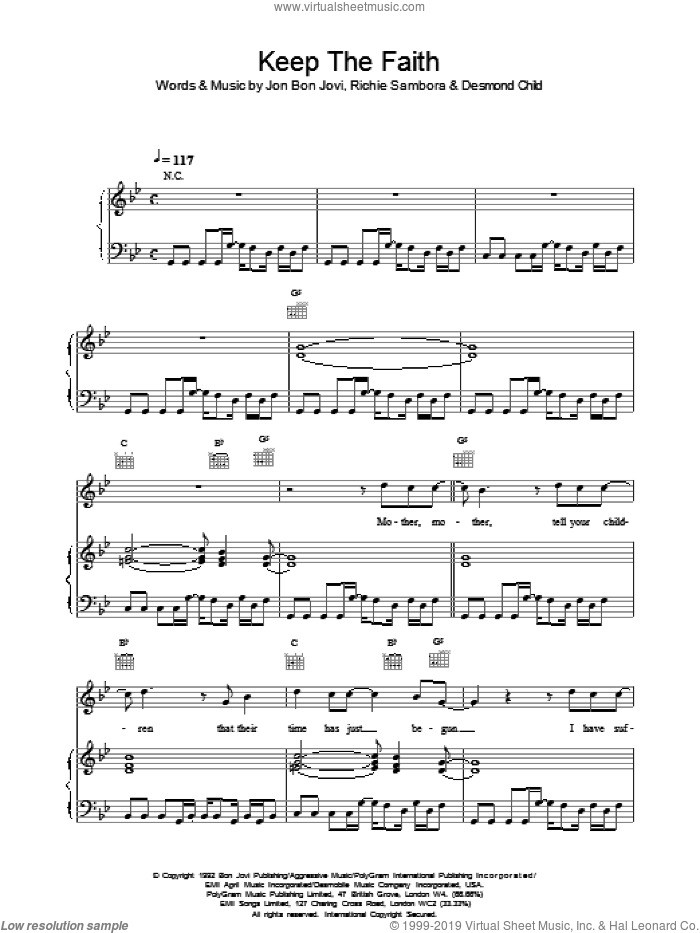 Keep The Faith sheet music for voice, piano or guitar by Bon Jovi, intermediate skill level