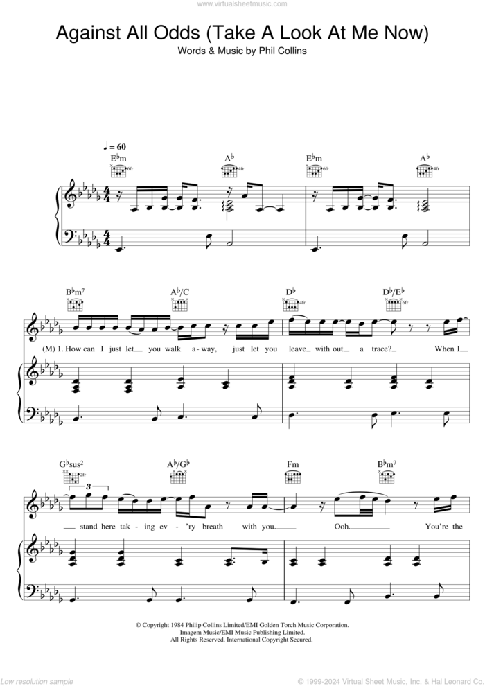 Against All Odds (Take A Look At Me Now) sheet music for voice, piano or guitar by Phil Collins, Mariah Carey and Westlife, intermediate skill level