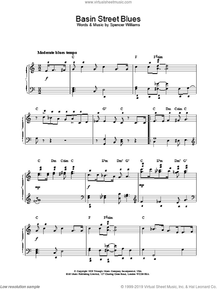 Basin Street Blues, (intermediate) sheet music for piano solo by Louis Armstrong and Spencer Williams, intermediate skill level