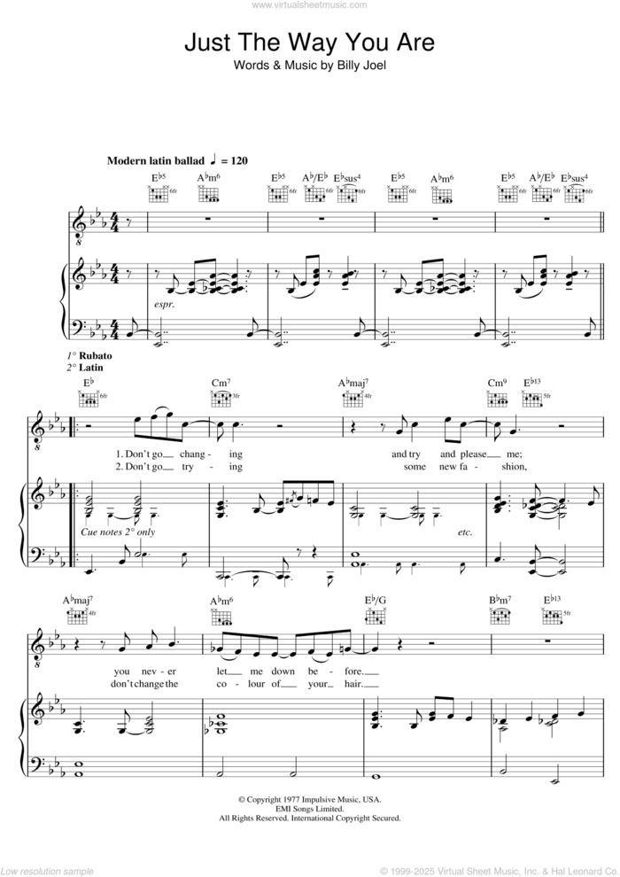 Just The Way You Are sheet music for voice, piano or guitar by Diana Krall and Billy Joel, wedding score, intermediate skill level