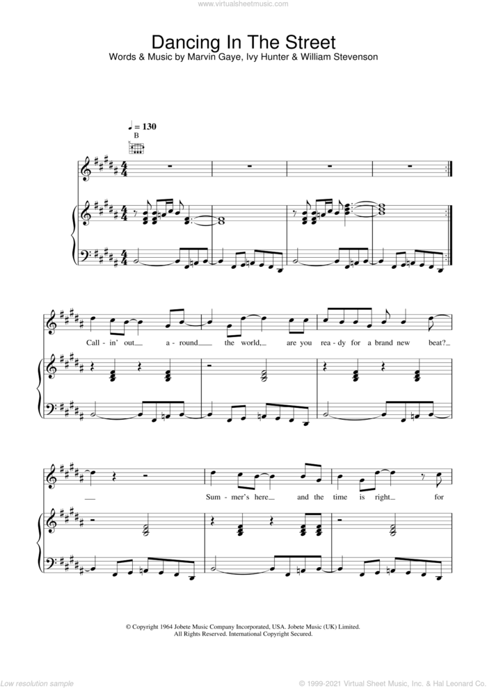 Dancing In The Street sheet music for voice, piano or guitar by David Bowie, Mick Jagger, Ivy Hunter, Marvin Gaye and William Stevenson, intermediate skill level