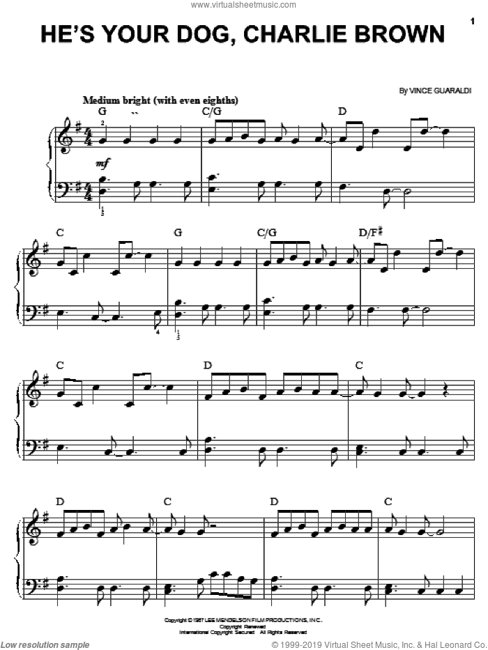 He's Your Dog, Charlie Brown sheet music for piano solo by Vince Guaraldi, easy skill level