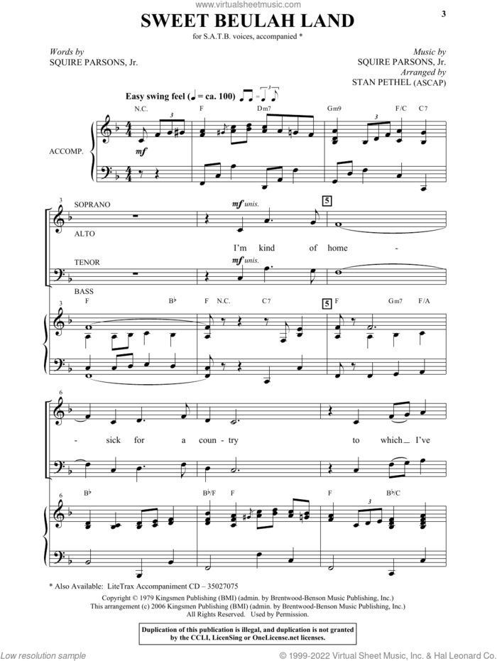 Sweet Beulah Land (arr. Stan Pethel) sheet music for choir (SATB: soprano, alto, tenor, bass) by Squire Parsons and Stan Pethel, intermediate skill level