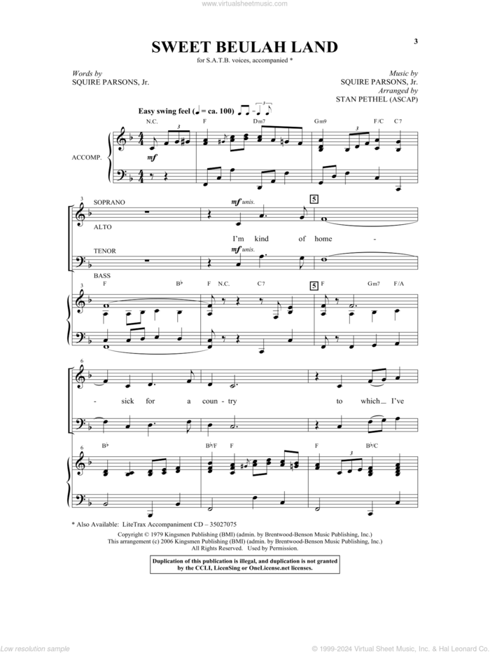 Sweet Beulah Land (arr. Stan Pethel) sheet music for choir (SATB: soprano, alto, tenor, bass) by Squire Parsons and Stan Pethel, intermediate skill level