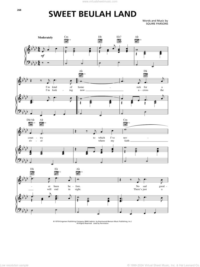 Sweet Beulah Land sheet music for voice, piano or guitar by Squire Parsons, intermediate skill level