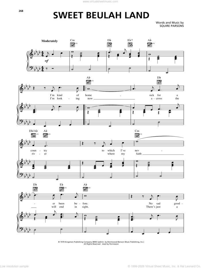 Sweet Beulah Land sheet music for voice, piano or guitar by Squire Parsons, intermediate skill level
