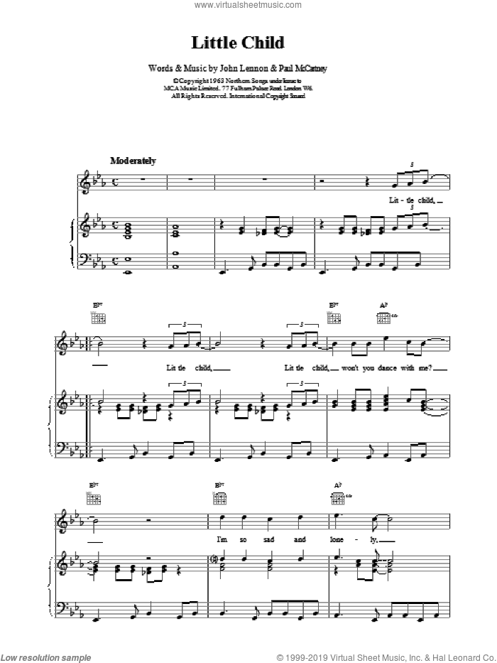 Little Child sheet music for voice, piano or guitar by The Beatles, intermediate skill level