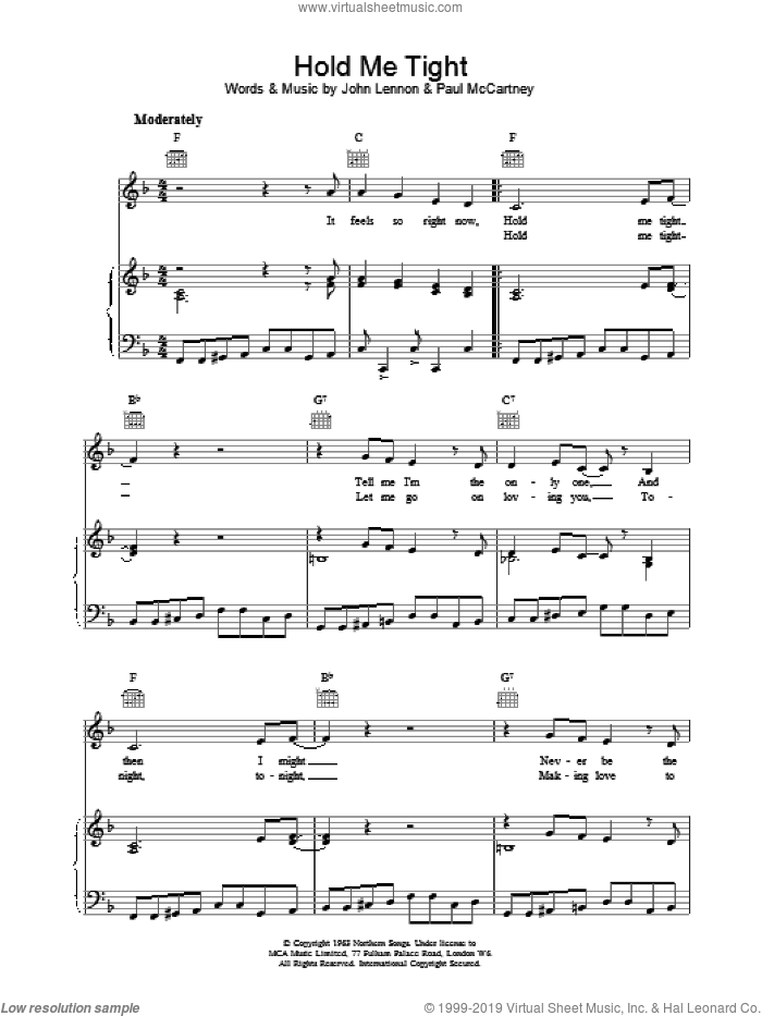 Hold Me Tight sheet music for voice, piano or guitar by The Beatles, intermediate skill level