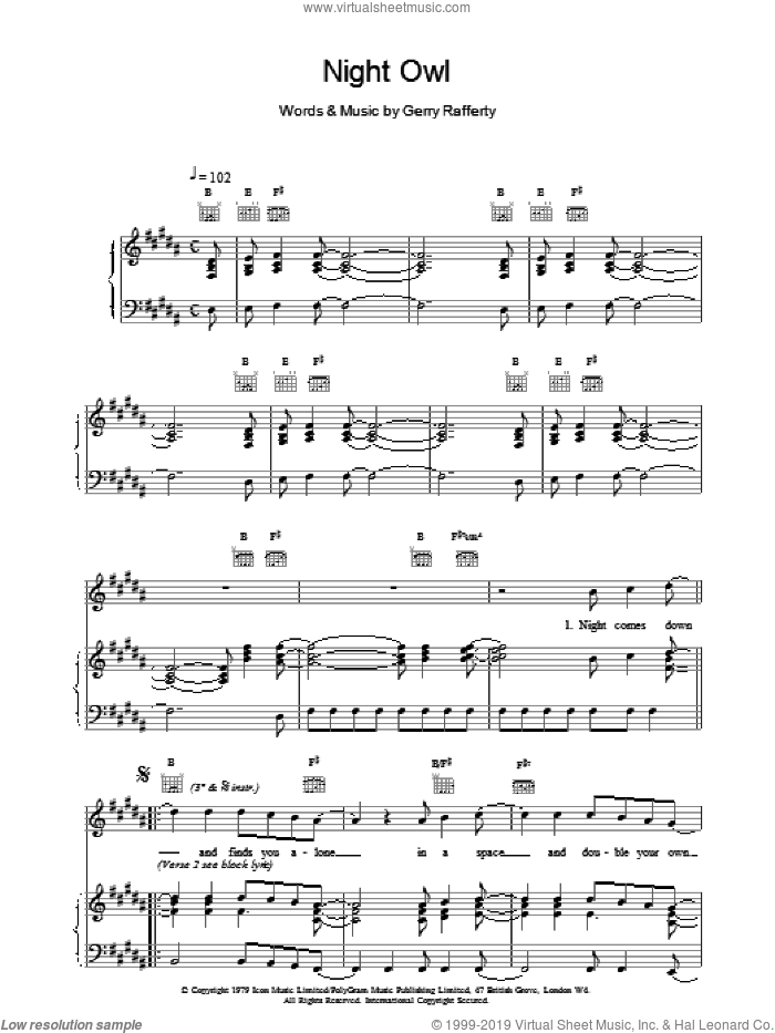 Night Owl sheet music for voice, piano or guitar by Gerry Rafferty, intermediate skill level