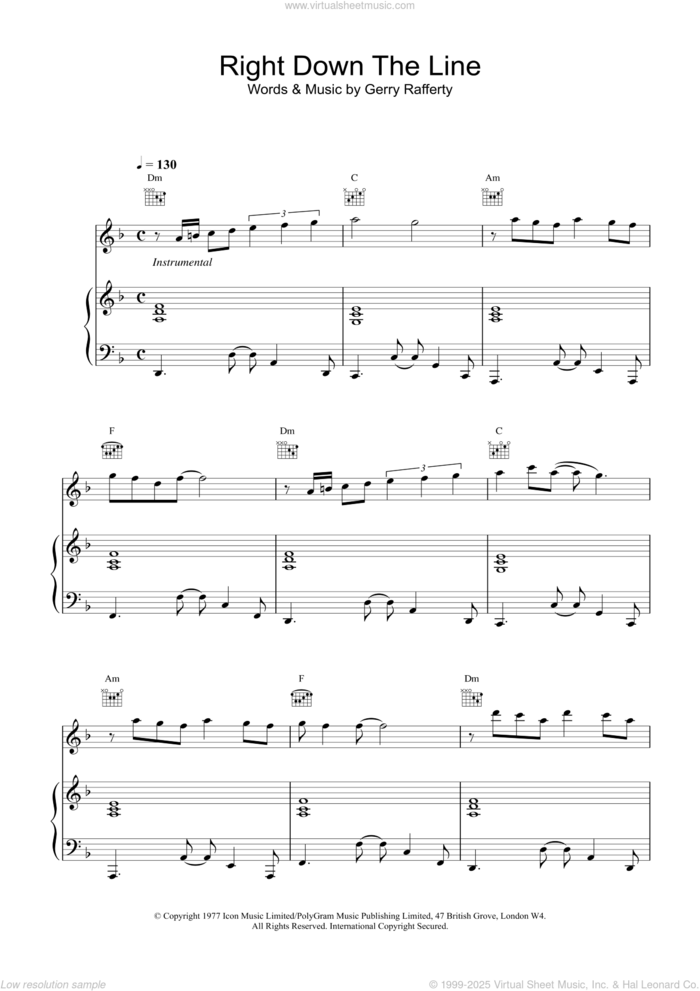 Right Down The Line sheet music for voice, piano or guitar by Gerry Rafferty, intermediate skill level