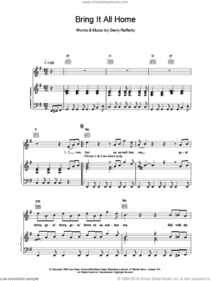 Bring It All Home sheet music for voice, piano or guitar by Gerry Rafferty, intermediate skill level