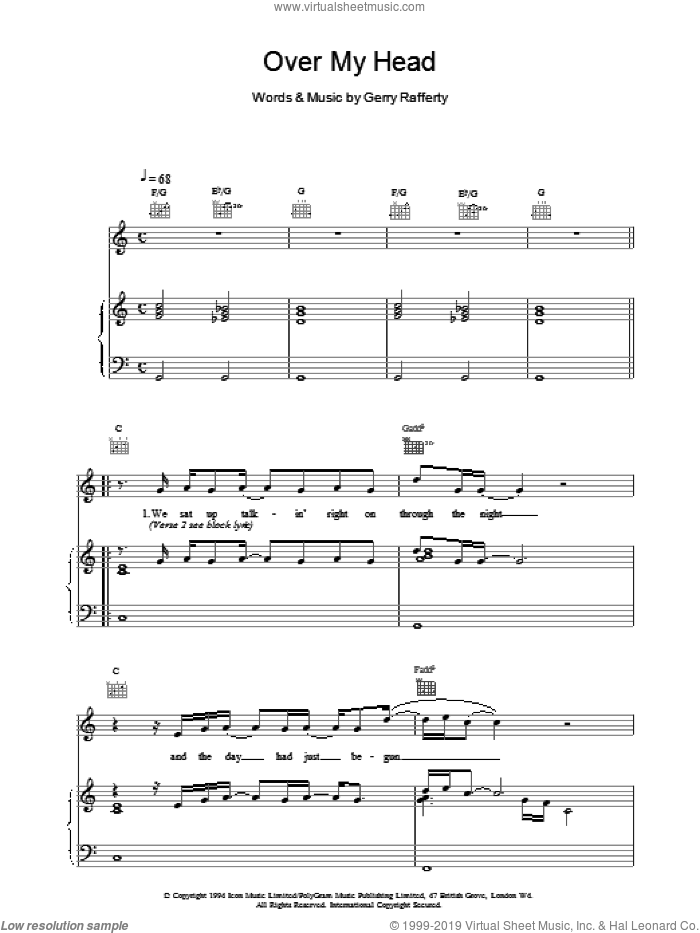 Over My Head sheet music for voice, piano or guitar by Gerry Rafferty, intermediate skill level