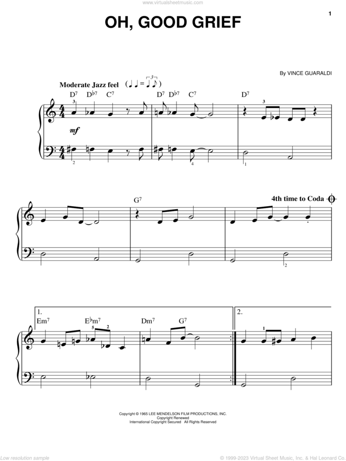 Oh, Good Grief, (easy) sheet music for piano solo by Vince Guaraldi, easy skill level