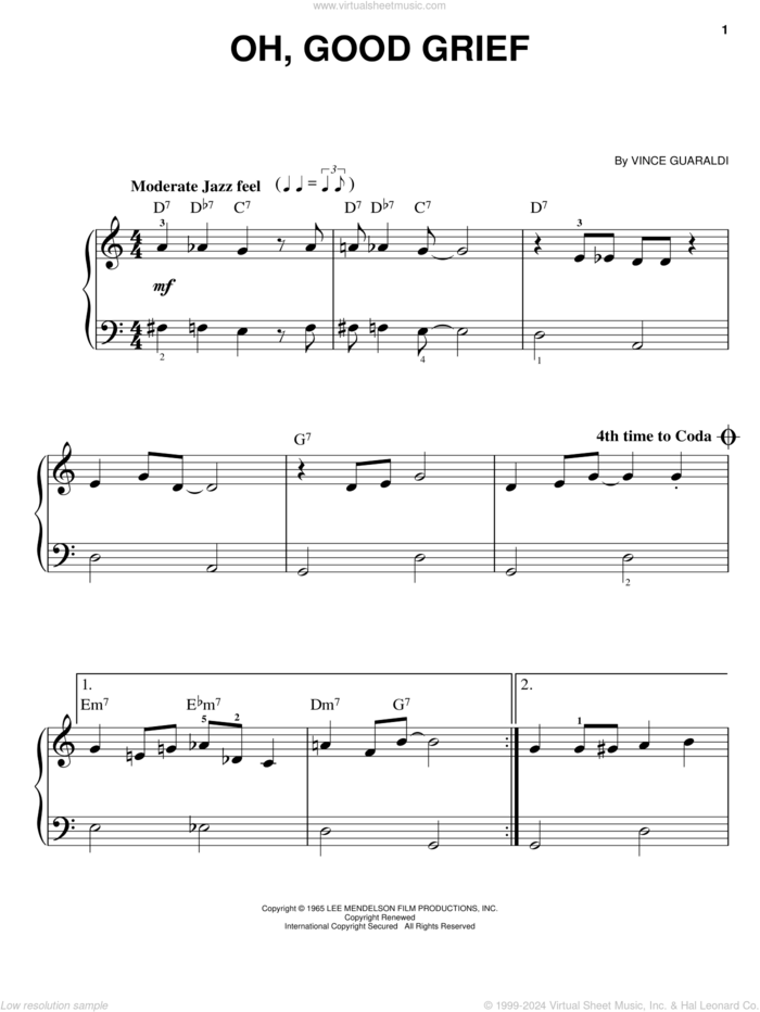 Oh, Good Grief, (easy) sheet music for piano solo by Vince Guaraldi, easy skill level