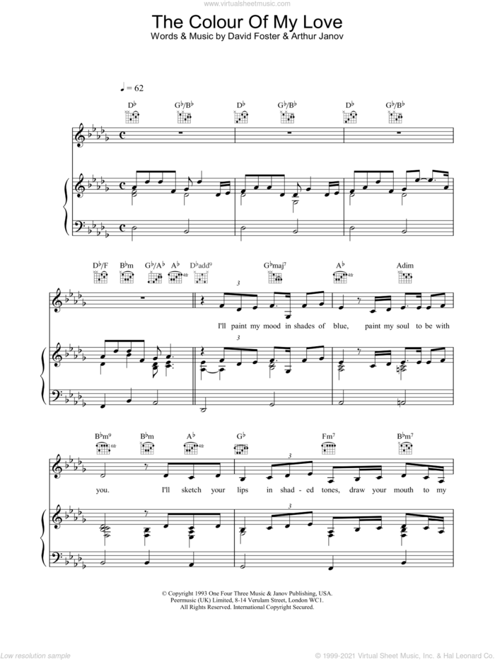 The Colour Of My Love sheet music for voice, piano or guitar by Celine Dion and David Foster, intermediate skill level