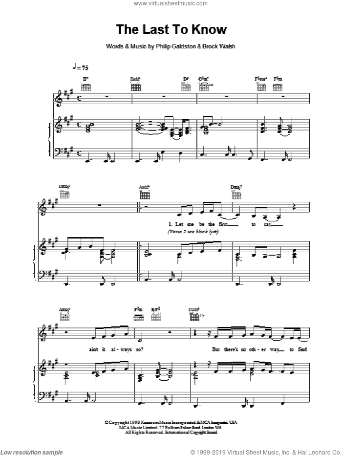 The Last To Know sheet music for voice, piano or guitar by Celine Dion, intermediate skill level