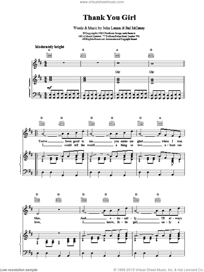Thank You Girl sheet music for voice, piano or guitar by The Beatles, intermediate skill level