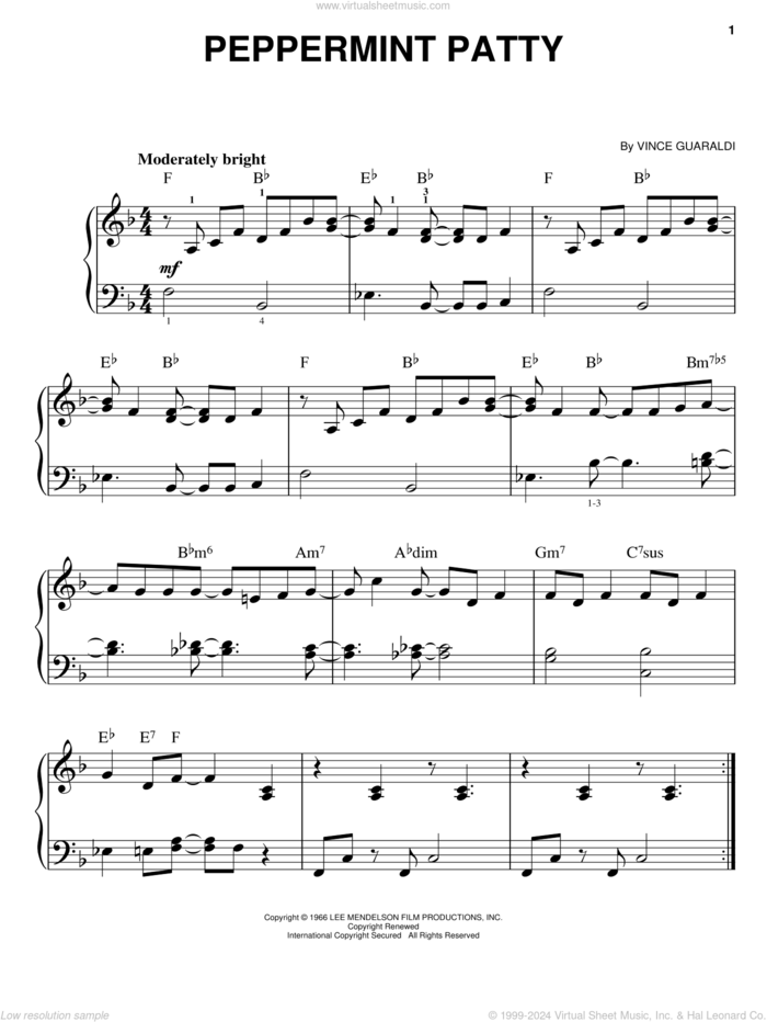 Peppermint Patty, (easy) sheet music for piano solo by Vince Guaraldi, easy skill level