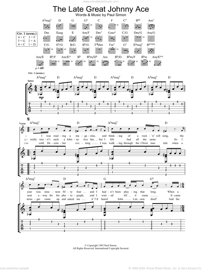 The Late Great Johnny Ace sheet music for guitar (tablature) by Paul Simon, intermediate skill level