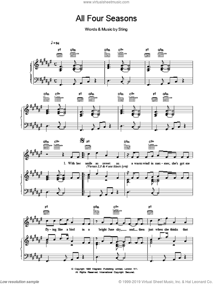 All Four Seasons sheet music for voice, piano or guitar by Sting, intermediate skill level