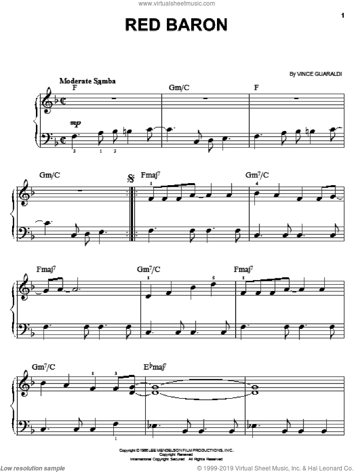 Red Baron sheet music for piano solo by Vince Guaraldi, easy skill level