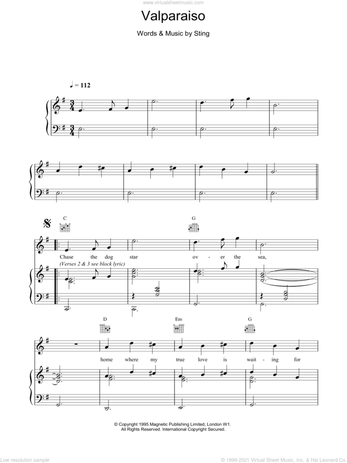 Valparaiso sheet music for voice, piano or guitar by Sting, intermediate skill level