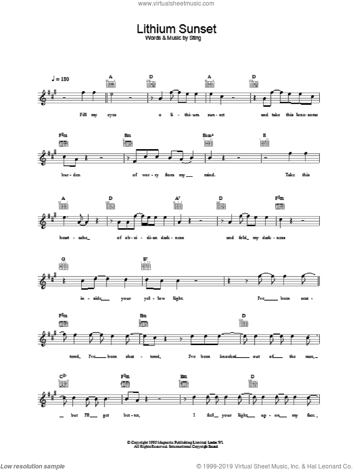 Lithium Sunset sheet music for voice and other instruments (fake book) by Sting, intermediate skill level