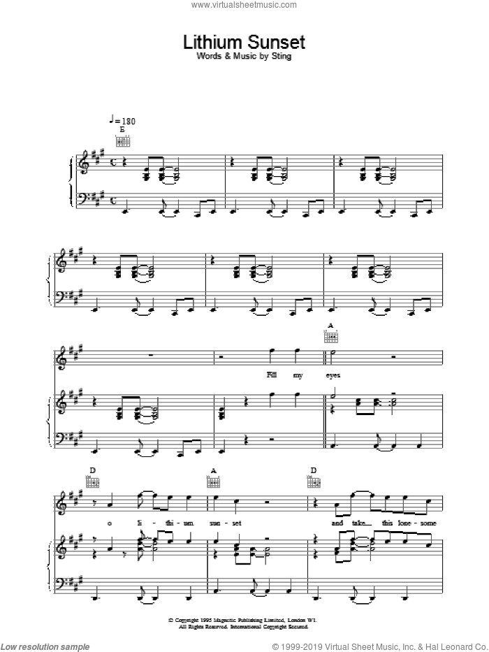 Lithium Sunset sheet music for voice, piano or guitar by Sting, intermediate skill level