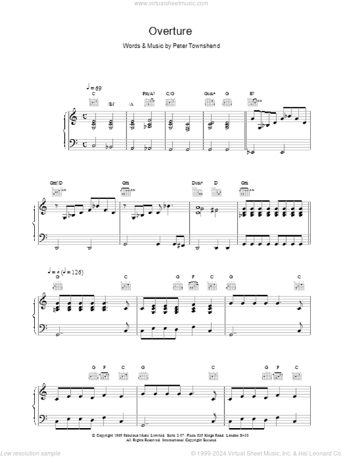 Overture sheet music for voice, piano or guitar by The Who, intermediate skill level