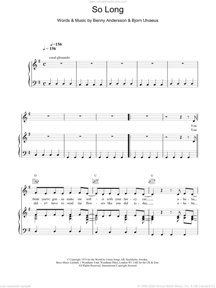 So Long sheet music for voice, piano or guitar by ABBA, intermediate skill level