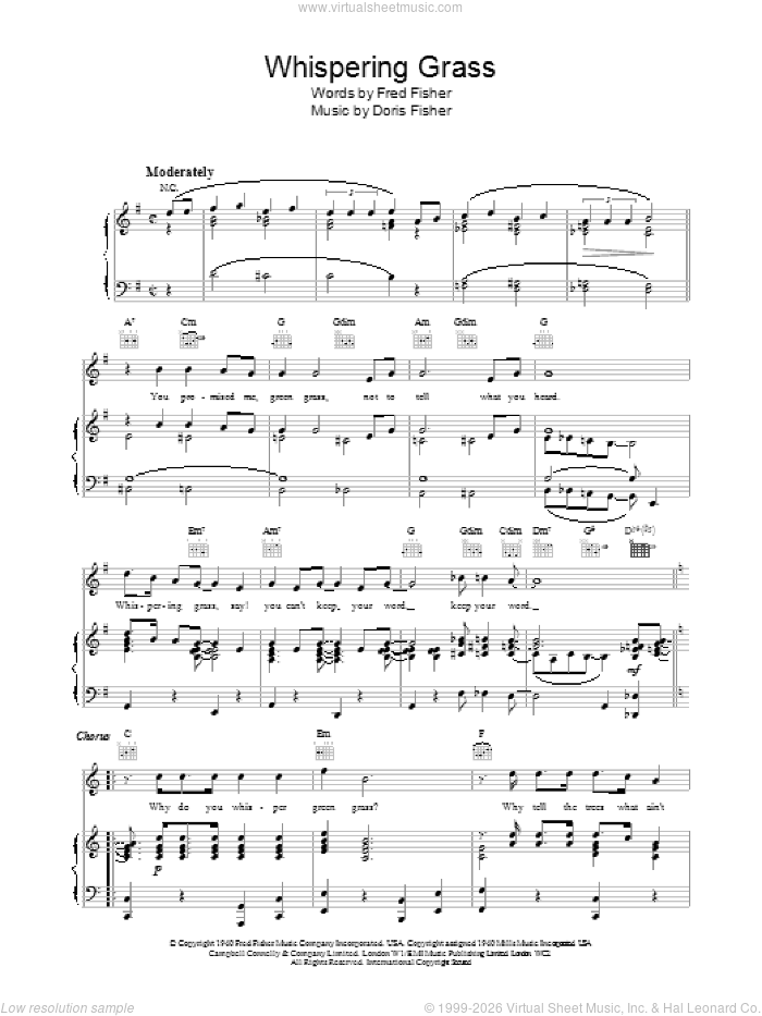 Whispering Grass sheet music for voice, piano or guitar by Fred Fisher and Doris Fisher, intermediate skill level