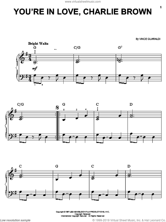 You're In Love, Charlie Brown sheet music for piano solo by Vince Guaraldi, easy skill level