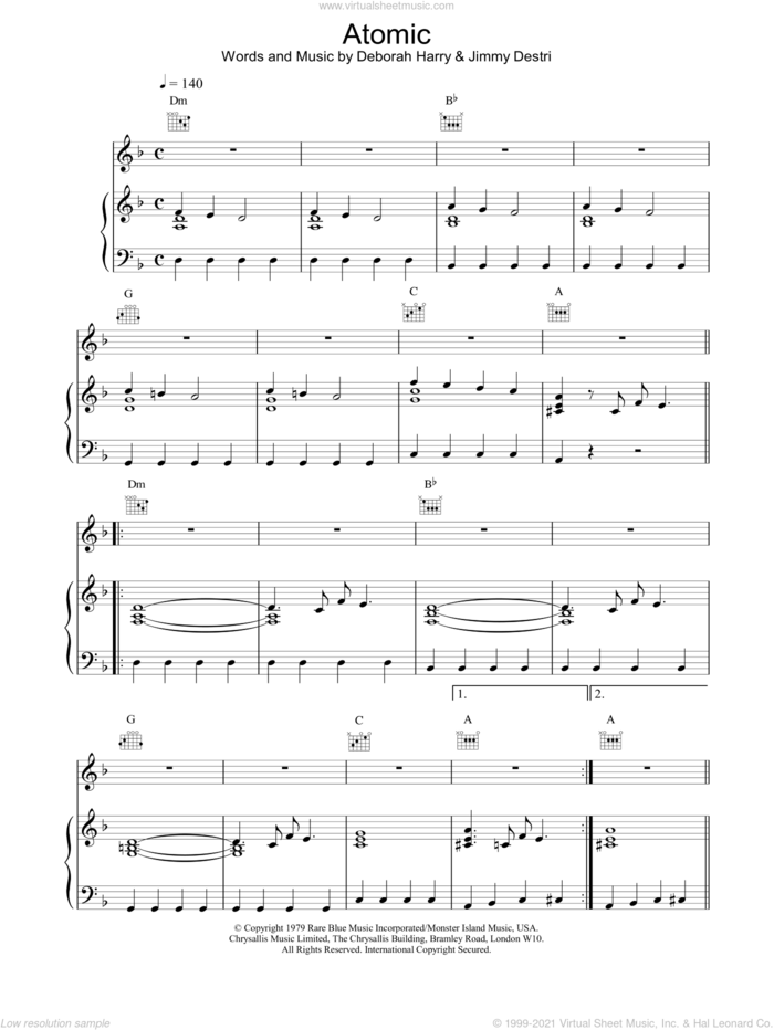 Atomic sheet music for voice, piano or guitar by Blondie, intermediate skill level