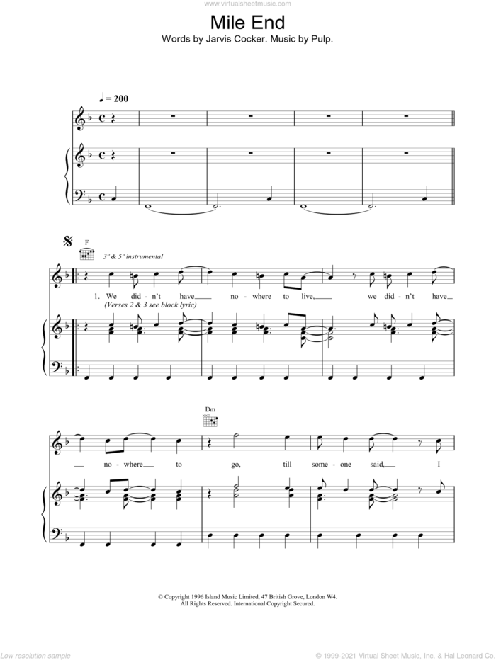Mile End sheet music for voice, piano or guitar by Pulp, intermediate skill level