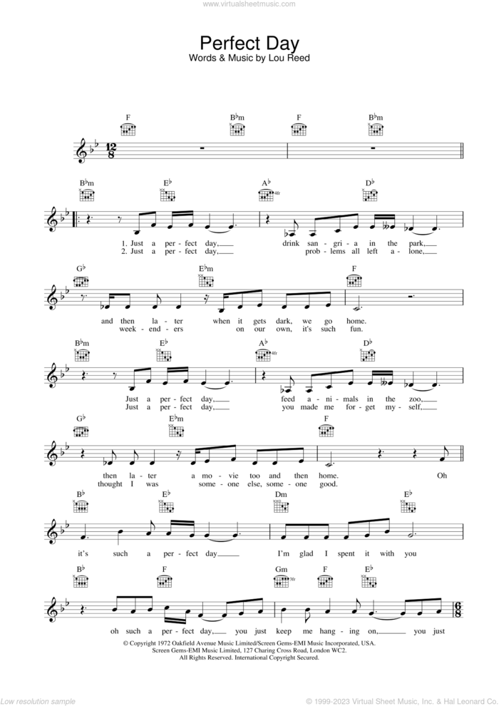 Perfect Day sheet music for voice and other instruments (fake book) by Lou Reed, intermediate skill level