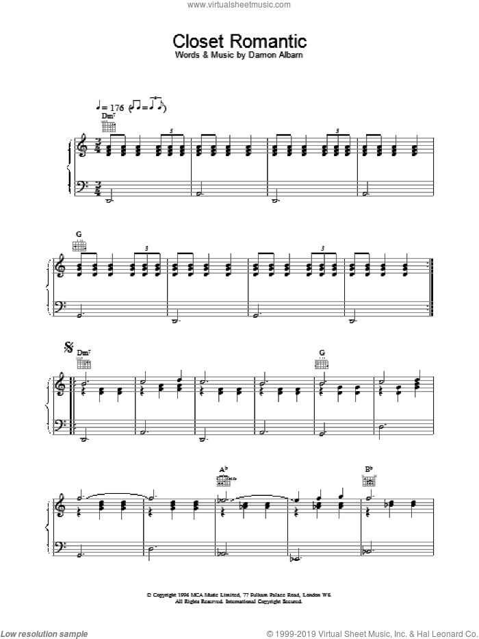 Closet Romantic sheet music for voice, piano or guitar by Blur, intermediate skill level