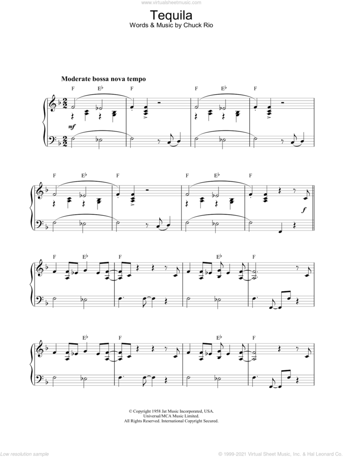 Tequila sheet music for piano solo by Perez Prado, intermediate skill level