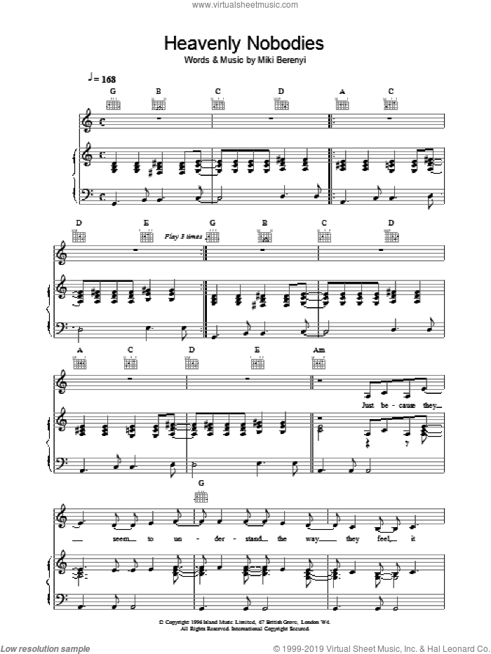 Heavenly Nobodies sheet music for voice, piano or guitar by Emma Anderson, intermediate skill level
