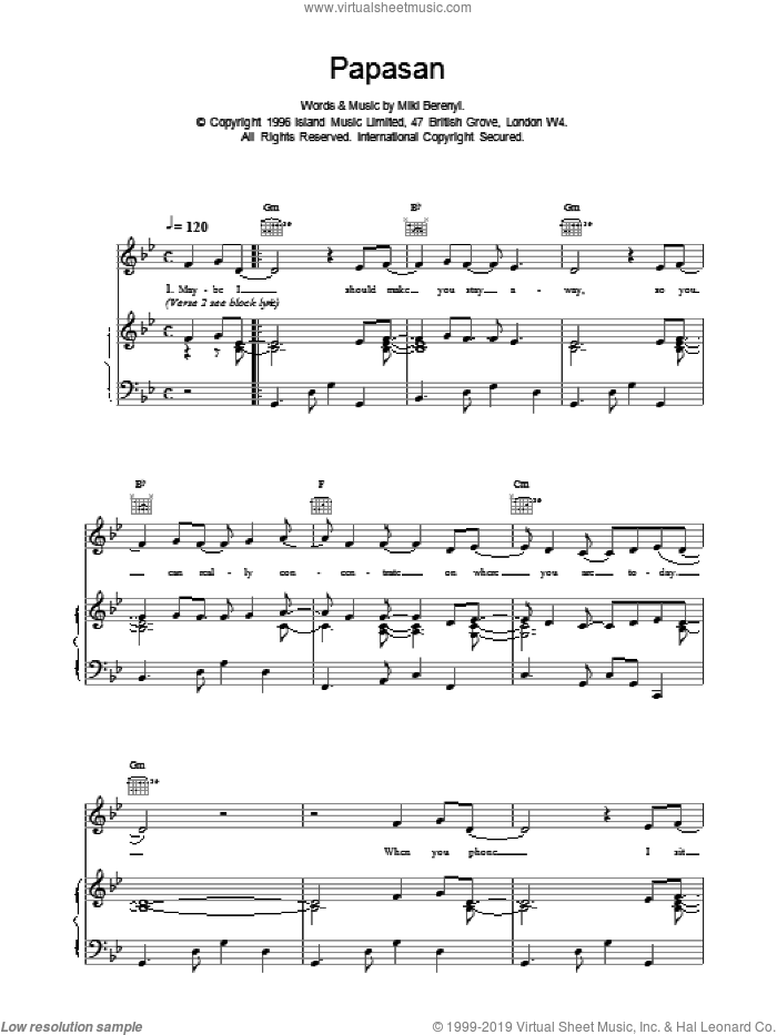 Papasan sheet music for voice, piano or guitar by Emma Anderson, intermediate skill level