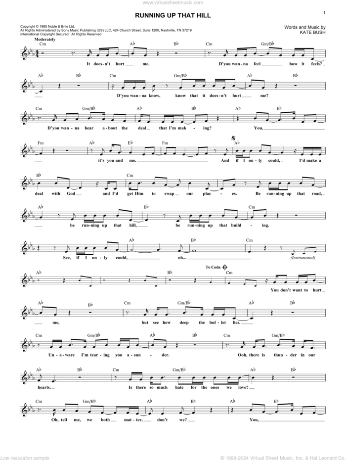 Running Up That Hill sheet music for voice and other instruments (fake book) by Kate Bush, intermediate skill level