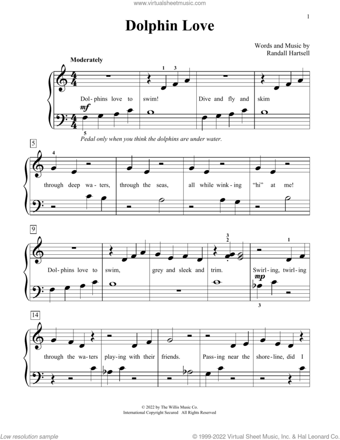 Dolphin Love sheet music for piano solo (elementary) by Randall Hartsell, beginner piano (elementary)