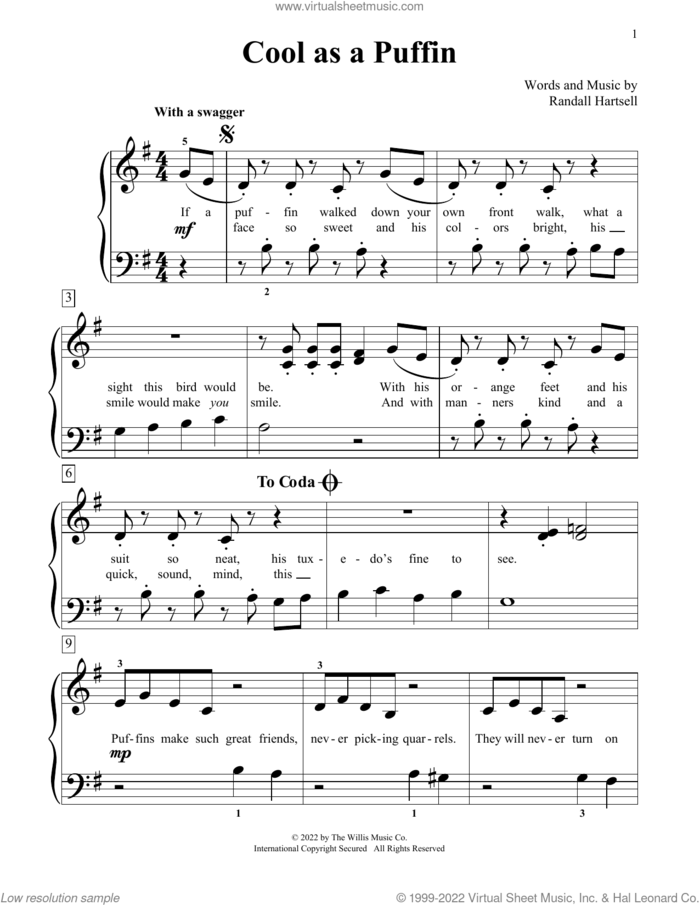 Cool As A Puffin sheet music for piano solo (elementary) by Randall Hartsell, beginner piano (elementary)