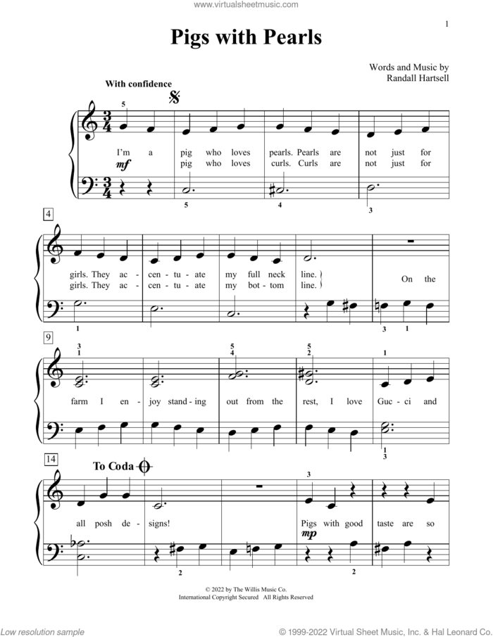 Pigs With Pearls sheet music for piano solo (elementary) by Randall Hartsell, beginner piano (elementary)
