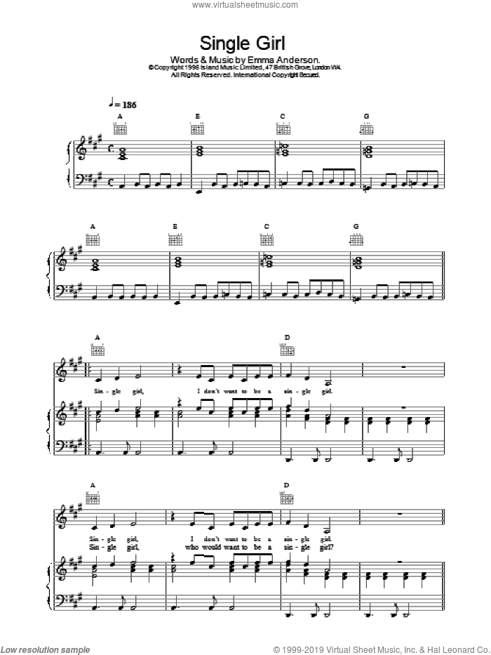 Single Girl sheet music for voice, piano or guitar by Emma Anderson, intermediate skill level