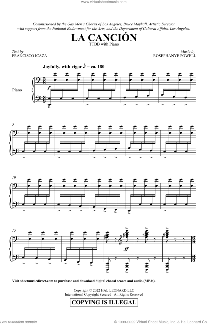 La Cancion sheet music for choir (TTBB: tenor, bass) by Rosephanye Powell and Francisco Icaza, intermediate skill level